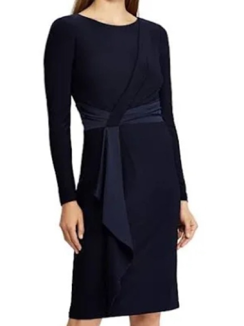 Lauren Ralph Lauren Navy Blue Long Sleeve Faux Wrap Dress with Satin Sash